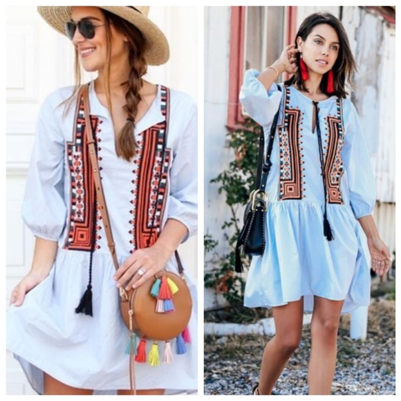 H&M Dresses & Skirts - H&M City Diaries Blue Embroidered Tassel Dress